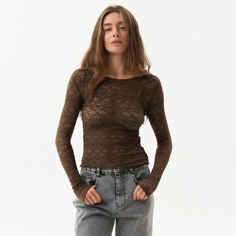 CUTENOVA Lace Women'S Tops Hollow Out Basic Casual Elegant Long Sleeve Tops See-Through Party For Sexy Lady Fashion Street Tops 2