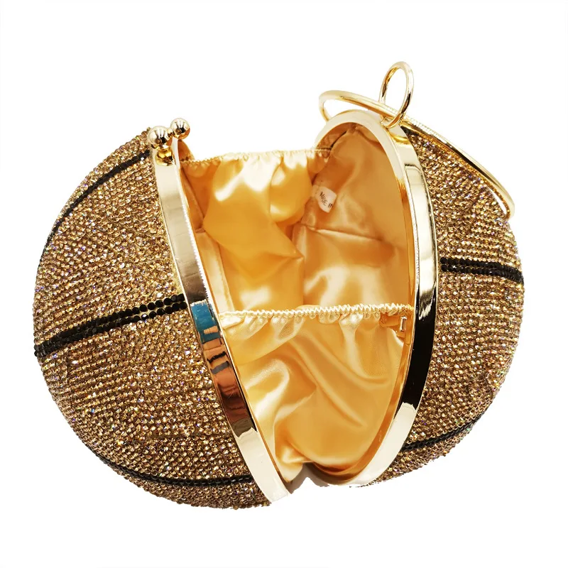 Fashion 3D Diamond Basketball Round Ball Gold Clutch Purses For Women Evening Rhinestone Handbags Ladies Party Dinner Totes Bag