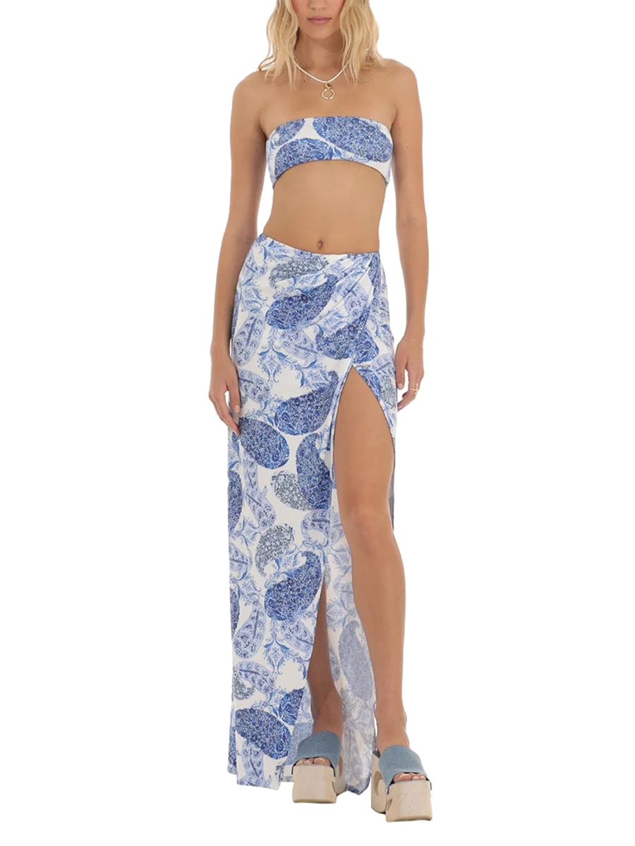 

Женские летние костюмы из 2 предметов, юбка с рисунком и разрезом, длинная юбка для улицы, эстетичная одежда