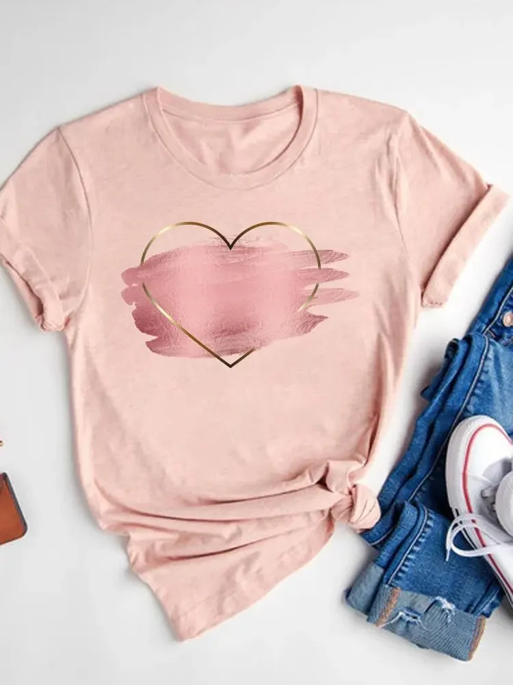 Women's Watercolor Love Heart Print T-Shirt, Short Sleeve Tee, Basic Clothing, Summer Top, Graphic Clothes, Sweet Fashion