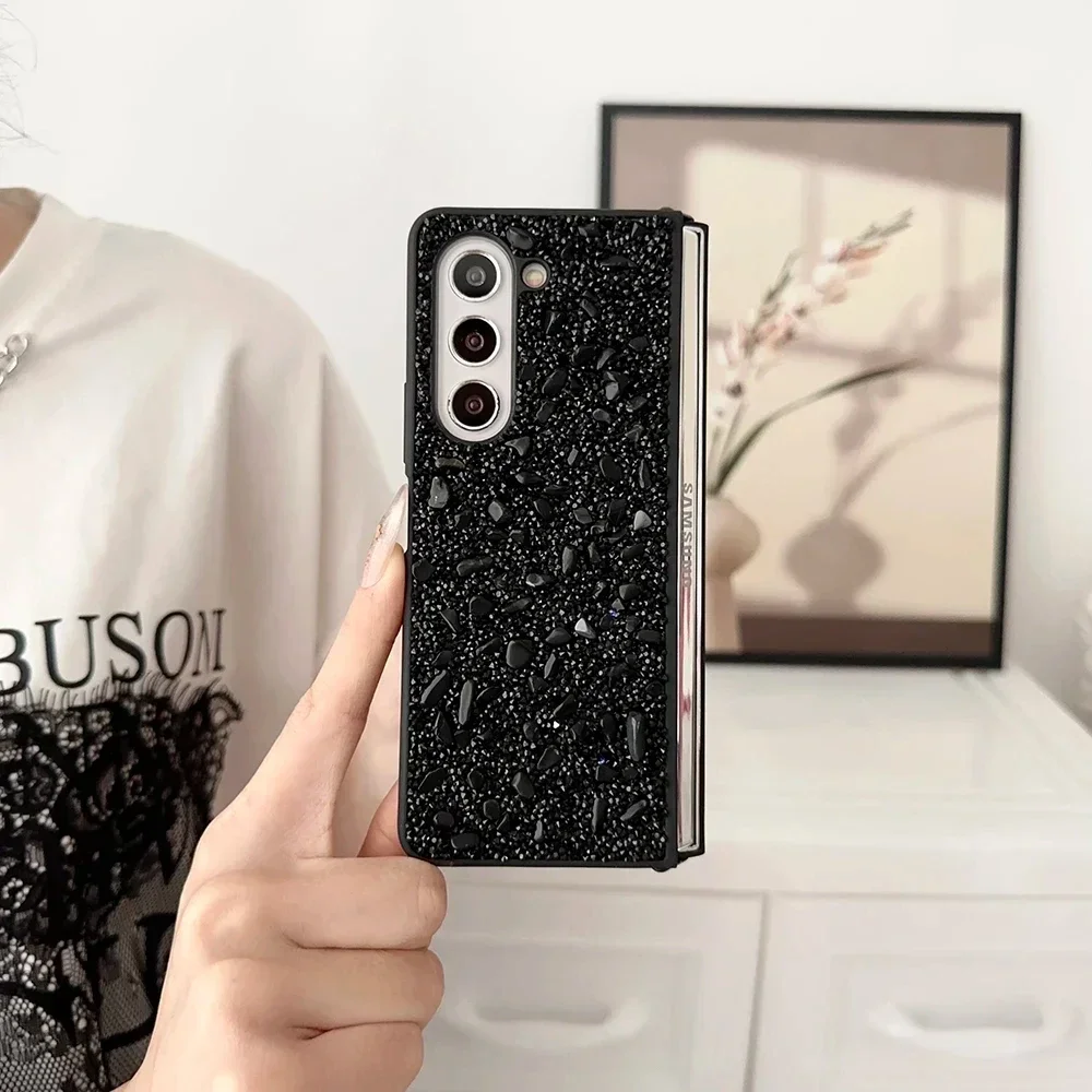Phone Case For Samsung Galaxy Z Fold 5 4 3 5G Rhinestone Glitter Sequins Trim Soft TPU Frame Shockproof Back Cover