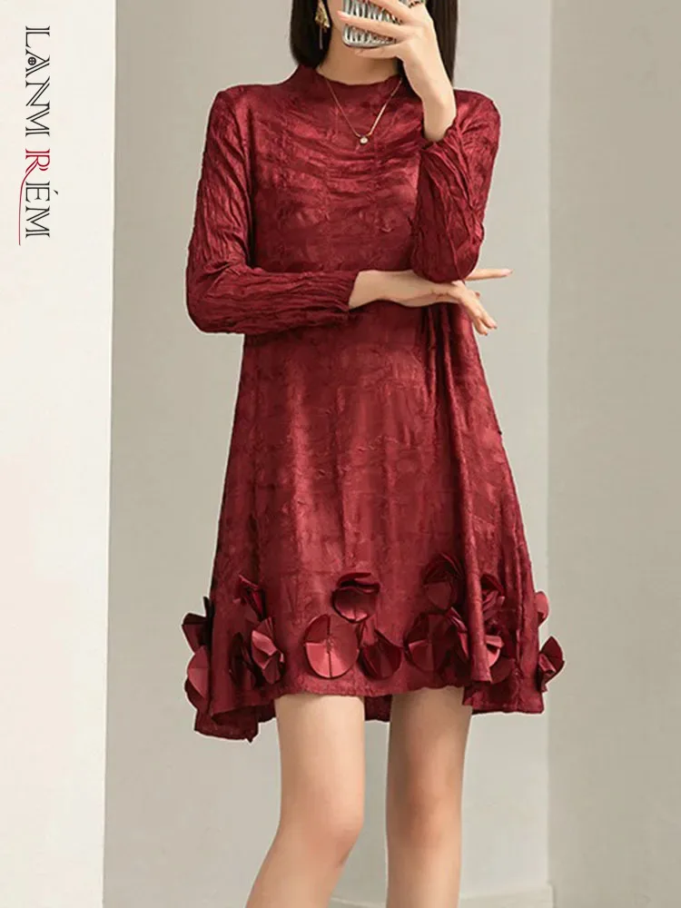 

Женское плиссированное платье LANMREM, элегантное мини-платье с длинными рукавами и объемным цветочным рисунком, свободная модная одежда 2AA4415