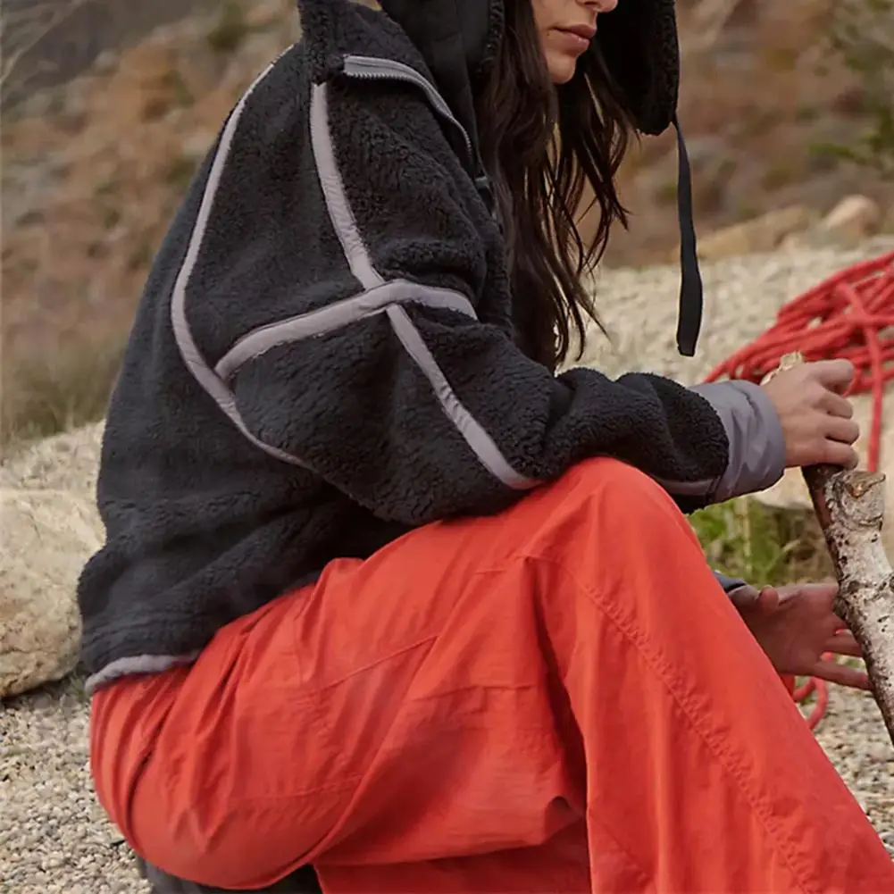 Winter Sweatshirt Cozy Color Block Zipper Sweatshirt for Women Thick Plush High Collar Pullover with Pockets Warm Winter Top