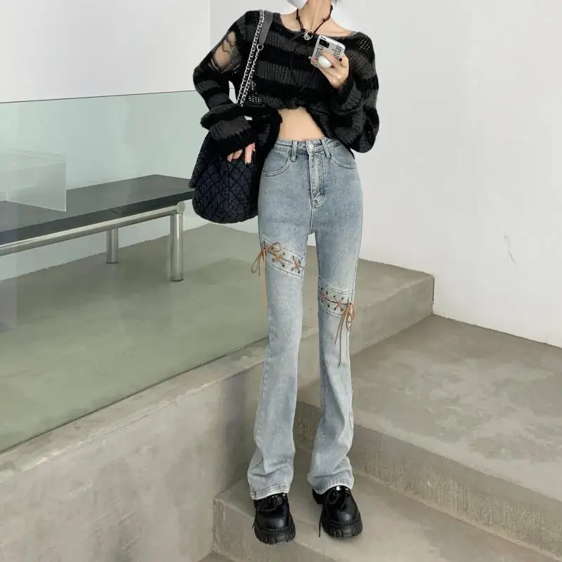 Y2K Fashion Split Casual Jeans Women Spring And Summer 2022 New Hot Girl Lace-up High-waist Slim-fit Flared Long Pants boyfriend jeans