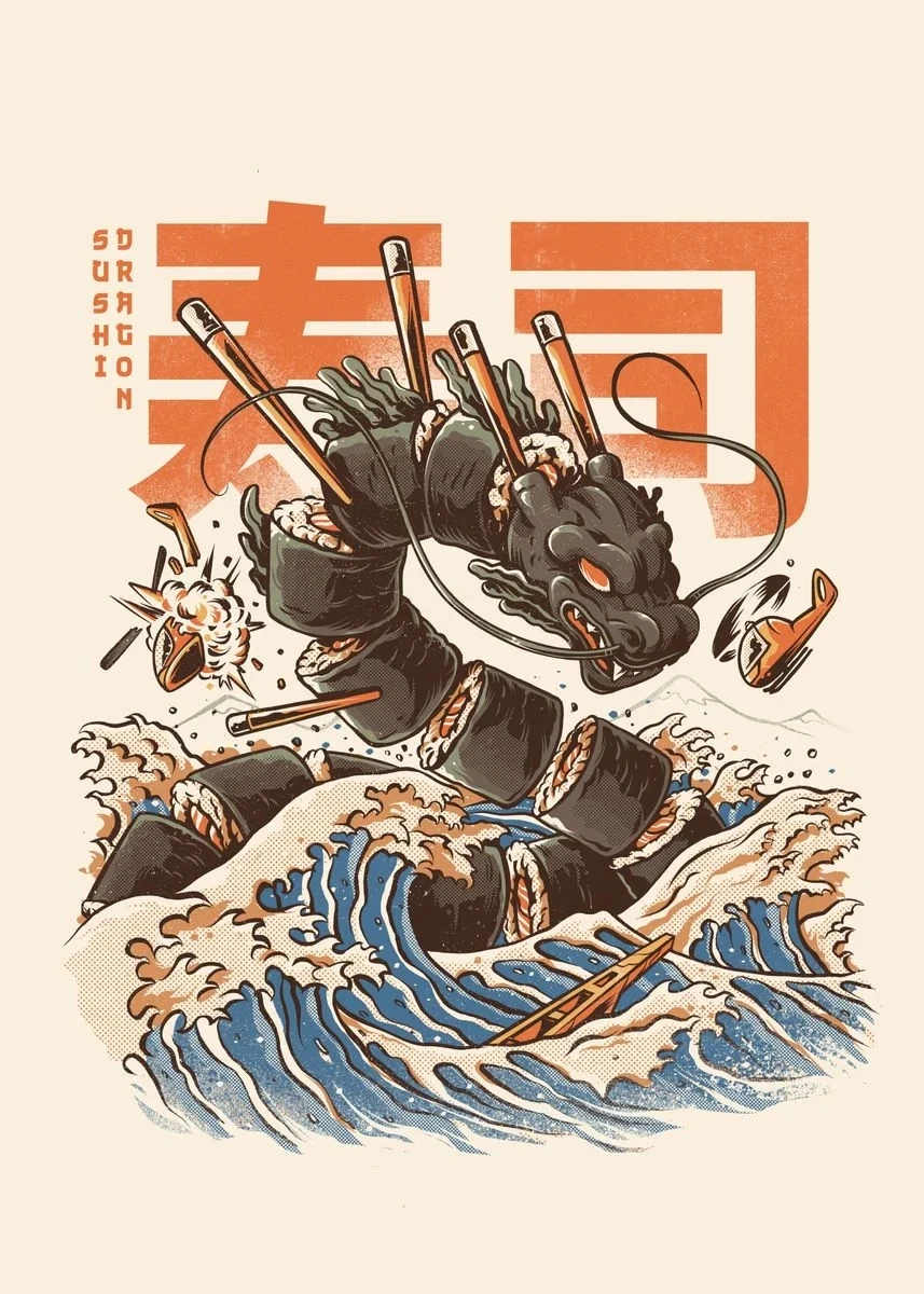 Vintage Japanese Kaijus Food Art Canvas: Sushi, Ramen, and Burgerzilla Poster
