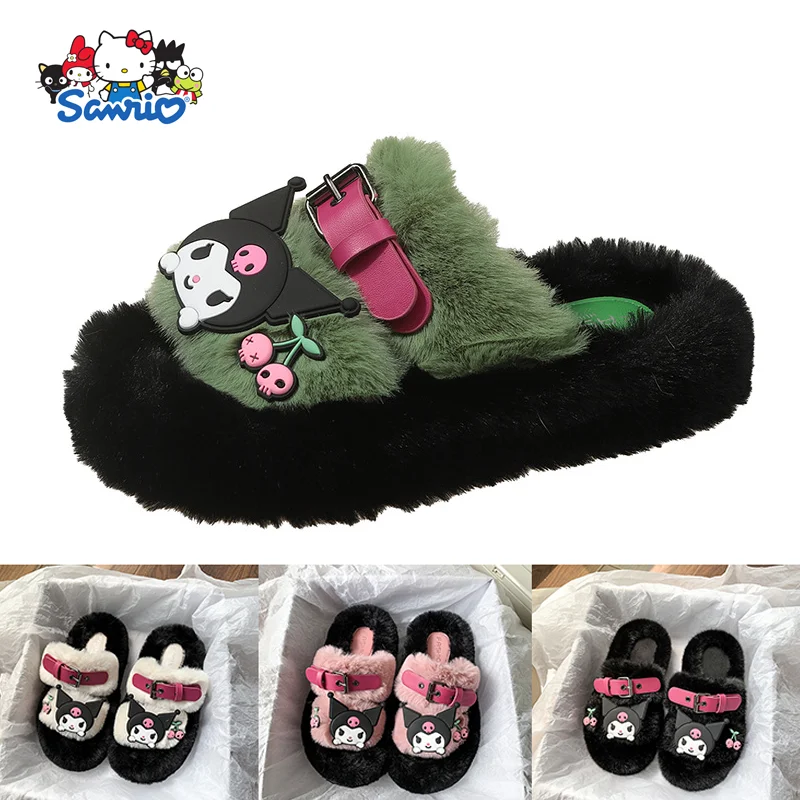 

Sanrios Kawaii Kuromi Women Home Plush Slippers Winter Sweet and Cute Girls Non-Slip Indoor Cotton Shoes Fashionable Warm Shoes