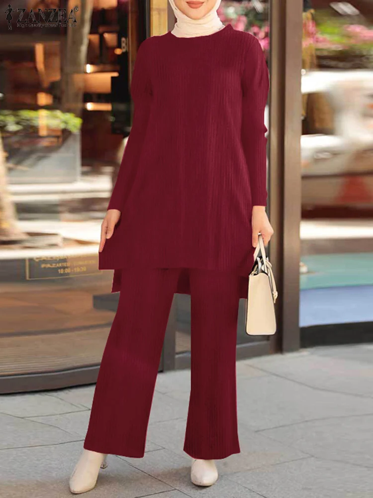 ZANZEA Women Muslim Suit Abaya Kaftan 2PCS Long Sleeve Split Hem Blouse Wide Leg Pants Sets Solid Elegant Outfit Tracksuits