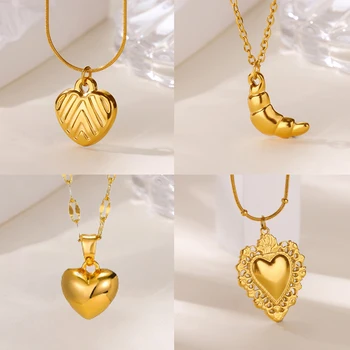 18K Gold Plated Heart Necklaces for Women Cute Croissant Pendant Stainless Steel Necklace Fashion Waterproof Jewelry