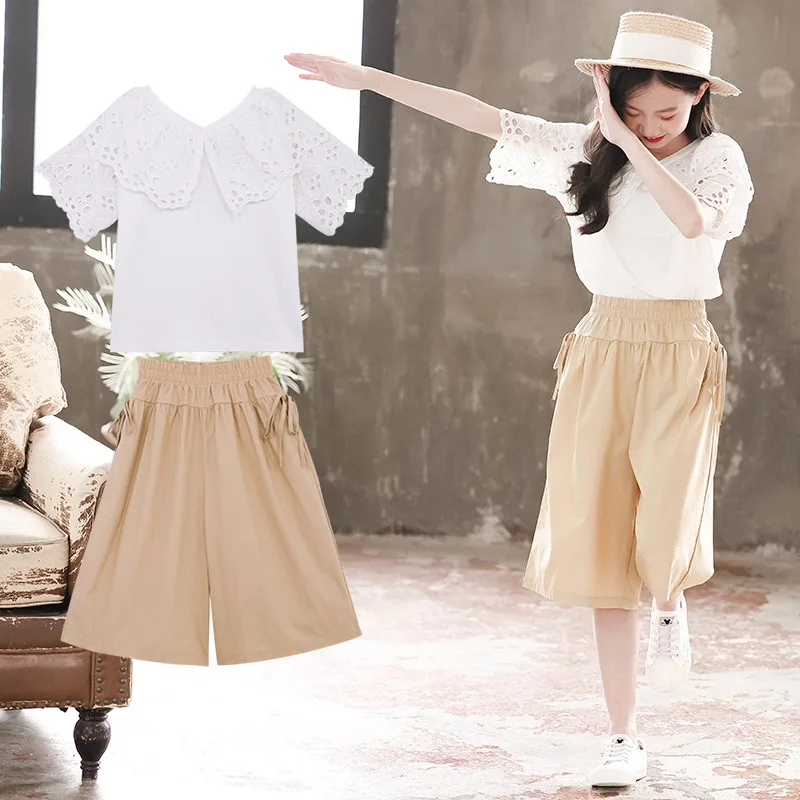

Lace Hollow Out Girls' Suit Summer 2024 New Clothes Children's Teenage Girl Fashionable White Blouses Top + Pants Two-Piece Set