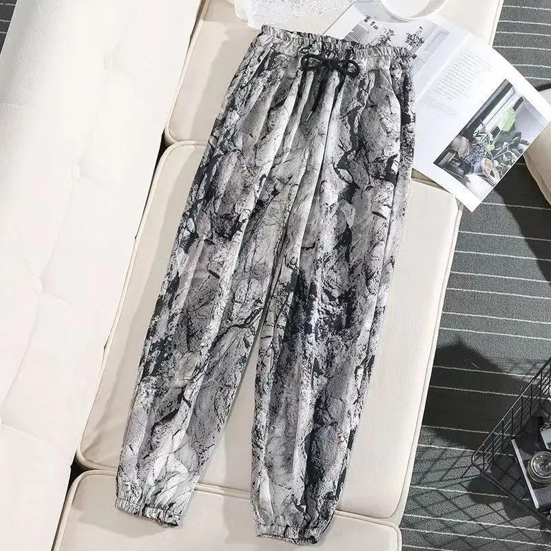 2023 Summer Versatile Tie Dyed Ink Painting High Waist Lace Up Feet Mosquito Proof Nine Point Casual Loose Women's Harlan Pants