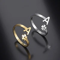 Amaxer Tiny Initial Letter Rings For Women Stainless Steel Flower Alphabet Finger Adjustable A-Z Ring Boho Aesthetic Jewelry Gif 2