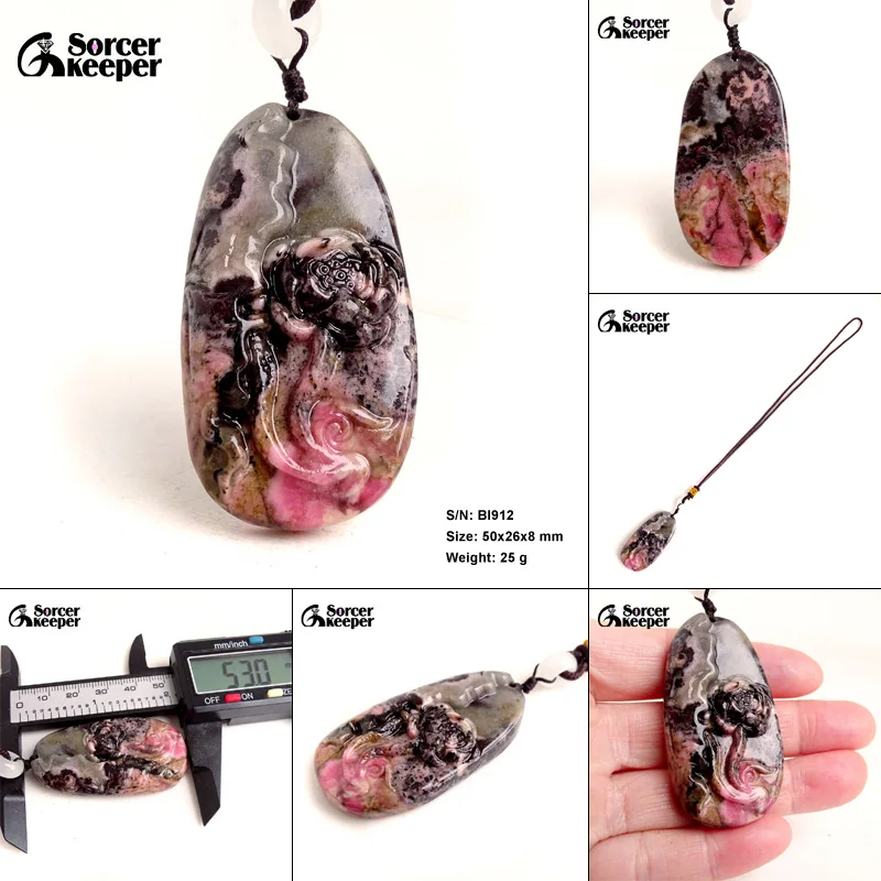 

Hand Carved Flowers Natural Rhodonite Jasper Amulet Lucky Women Cute Pendant Necklace Fashion Crystal Jewelry Accessories BI912