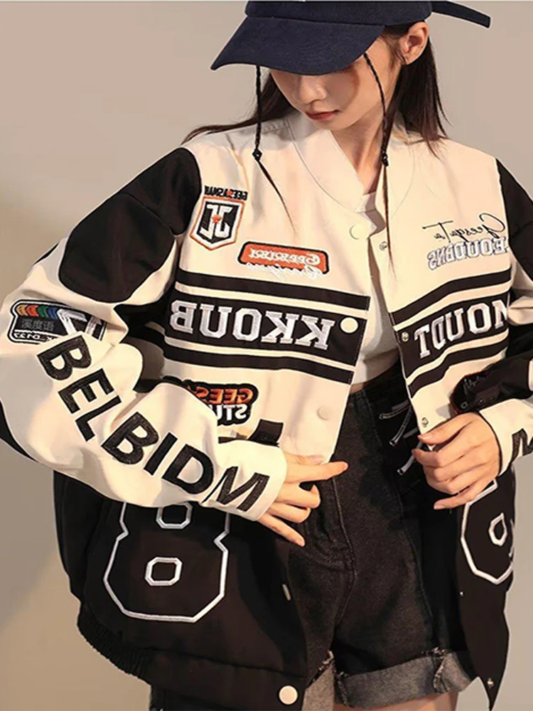 

American Retro Print Jacket Women Autumn Long Sleeve Removable Motorcycle Coats Female Harajuku Couple Oversized Y2k Streetwear