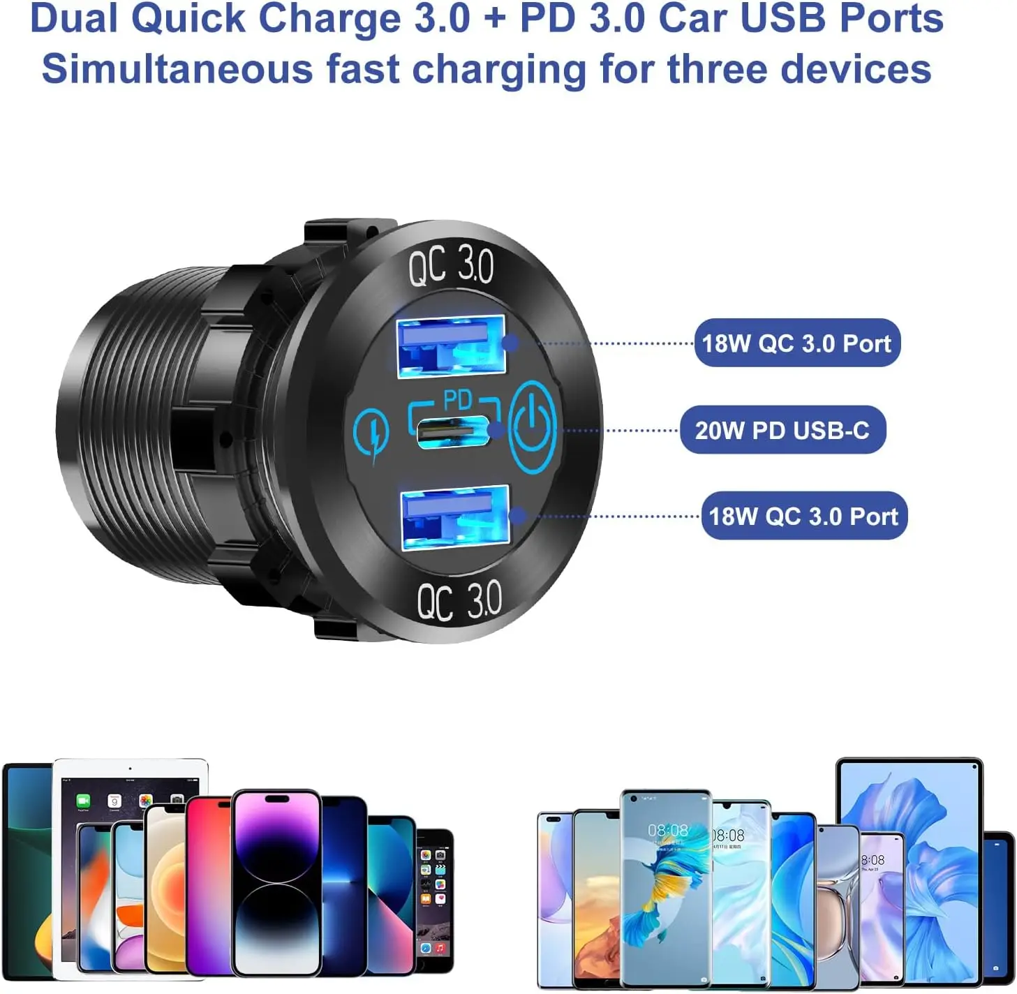 4-Pack 12V/24V Dual USB Quick Charge 3.0 Outlet Panel - 36W Waterproof Socket With On/Off Switch For Car, Boat, RV, Truck