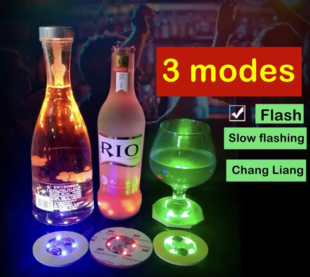 10/5PCS LED Coaster 3 Modes with Battery Powered Wine Glass Mat Cup Pad Sticker Bottle Drinking Club Bar Party Decor Night Light