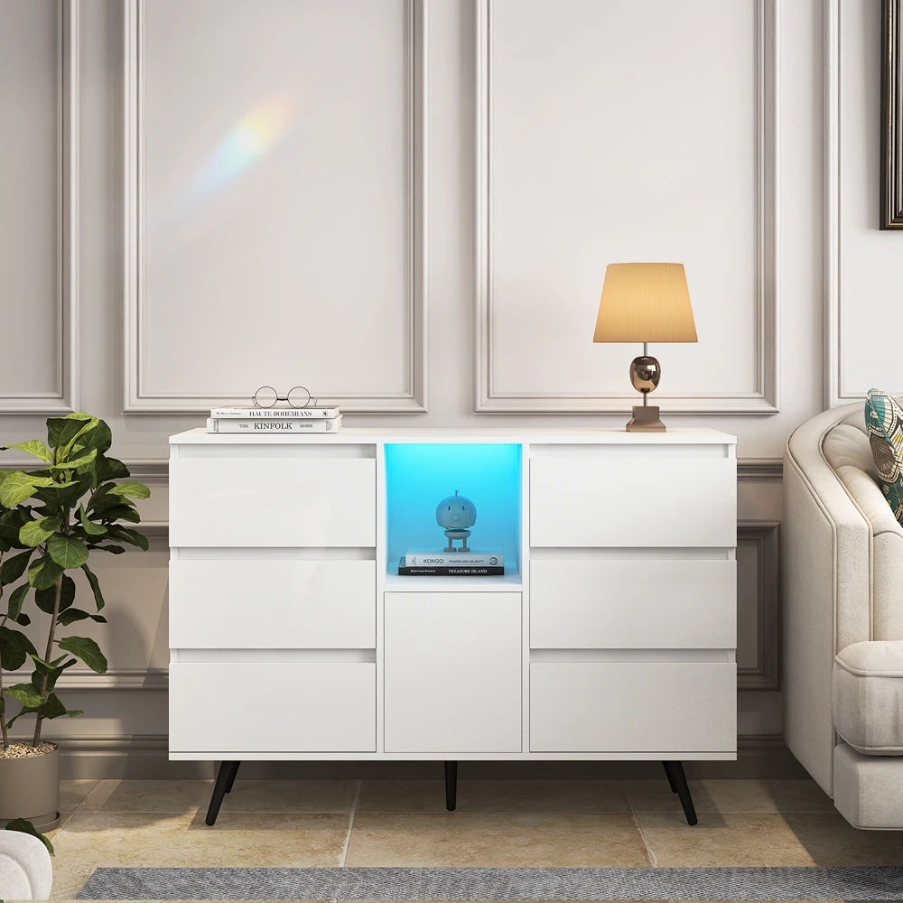 

Living Room Sideboard Storage Cabinet White High Gloss with LED Light, Kitchen Cupboard Buffet Wooden Storage Display Cabinet