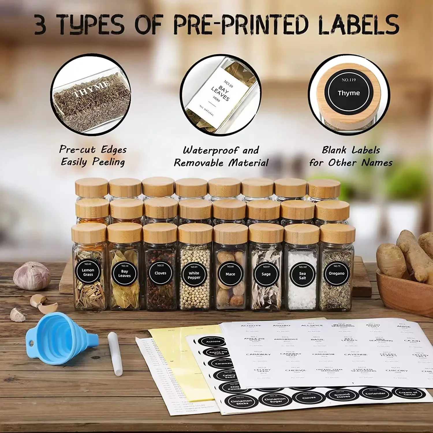 Description Picture 2 of itemGlass Spice Jars with Bamboo Lid Spice Seasoning Containers Salt Pepper Shakers Spice Organizer Kitchen Storage Sets3/12Pcs Hot