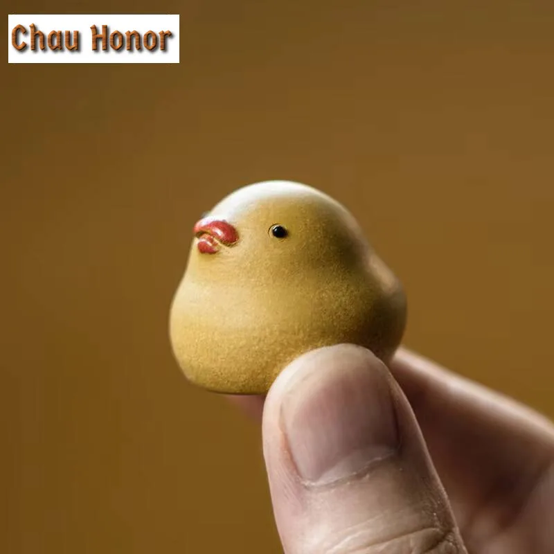 2pc/set Cute Yellow Duck Tea Pet Handmade Yixing Zisha Tea Play Figurine Decoration Little Chicken Can Be Raised Table Sculpture