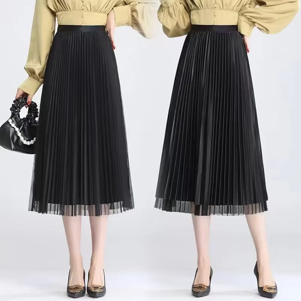 

Tulle Reversible Pleated Skirt for Women Elegant Simple A Line Solid Mesh Korean Style Midi Long Elastic High Waist Skirt Female