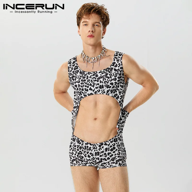 

INCERUN Men Bodysuits Printing Hollow Out Sexy O-neck Sleeveless Gloves Rompers 2023 Underwear Fashion Cozy Male Bodysuit S-5XL