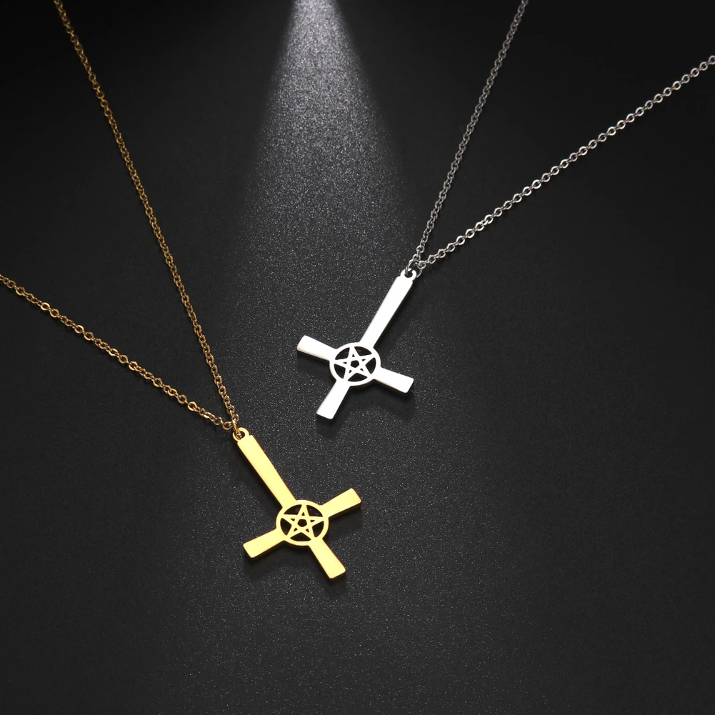 Amaxer Pentagram Inverted Cross Necklace for Women Men