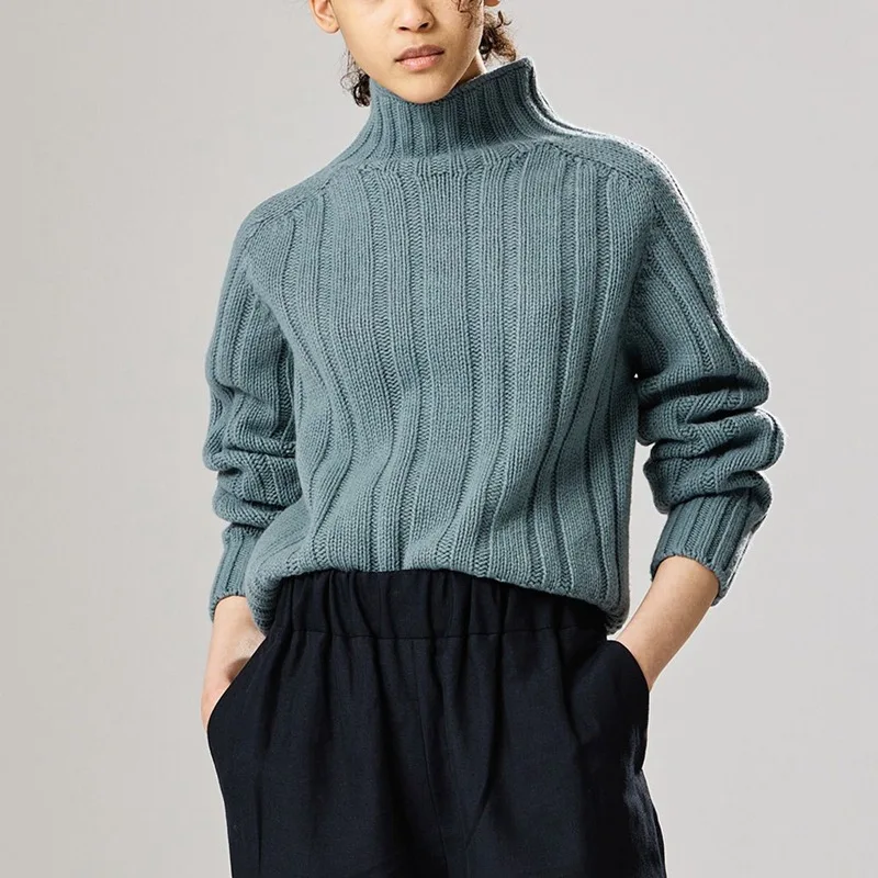 

2023 New Women Sweater Commuter High Neck Long Sleeve Solid Color Pit Striped Wool Knit