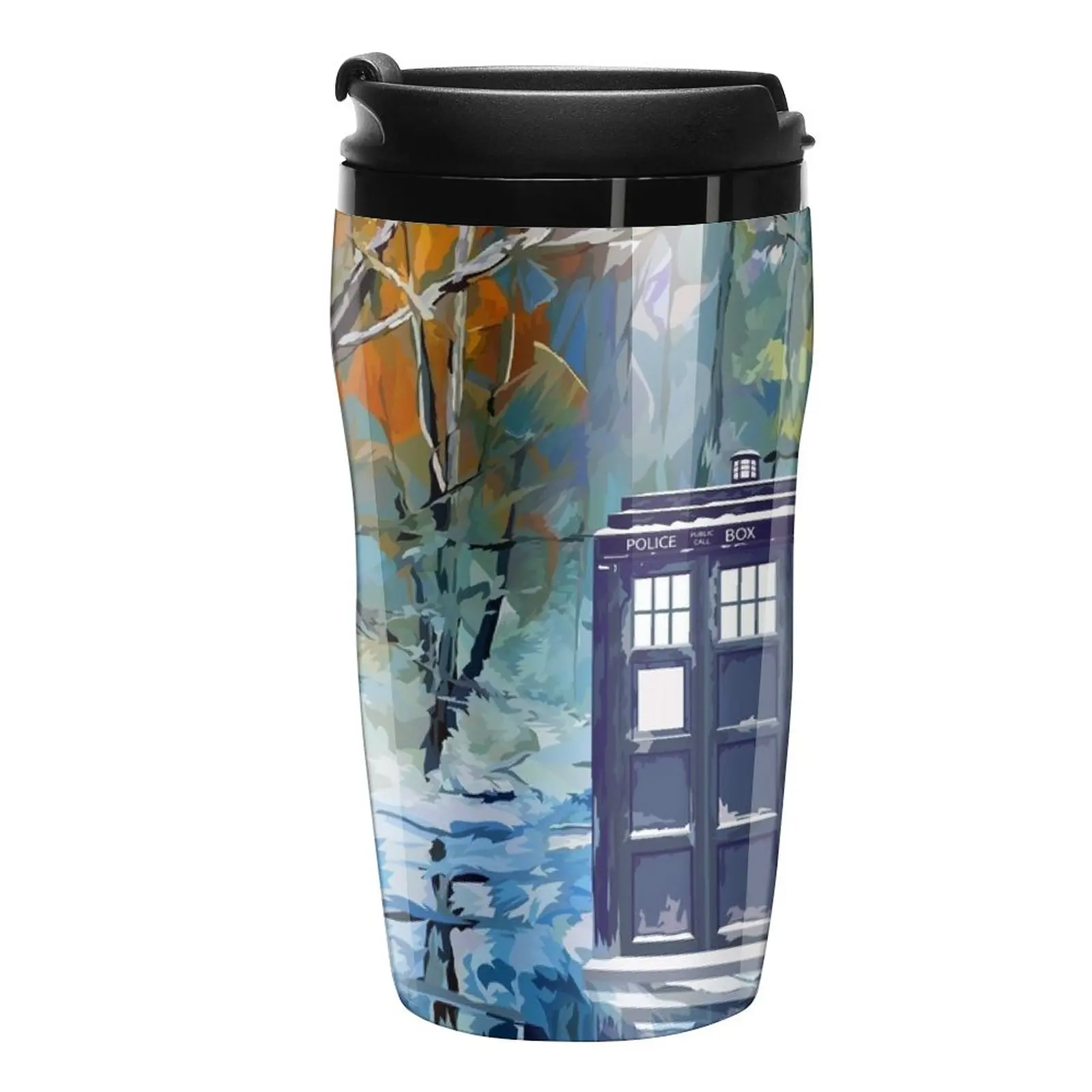 

New Blue Phone booth with winter views Travel Coffee Mug Large Cups For Coffee Large Coffee Cups
