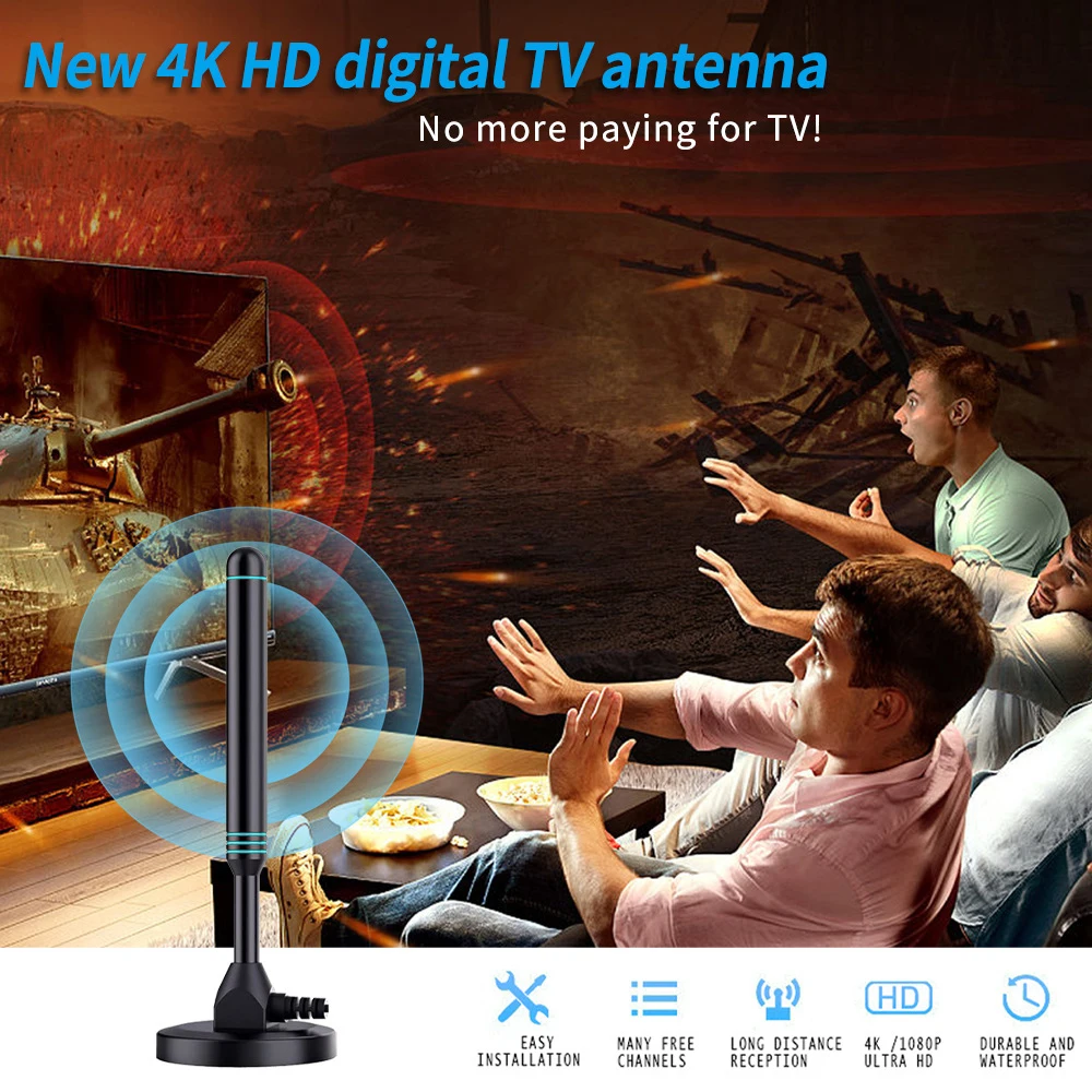 4K/1080P HD Digital Indoor TV Antenna with Signal Amplifier Magnetic Base VHF/UH