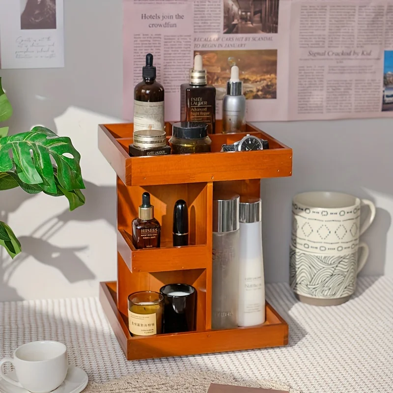 Solid wood rotating retro blind box cabinet, wooden desktop storage box, lipstick and cosmetics rack shelf organizer 4