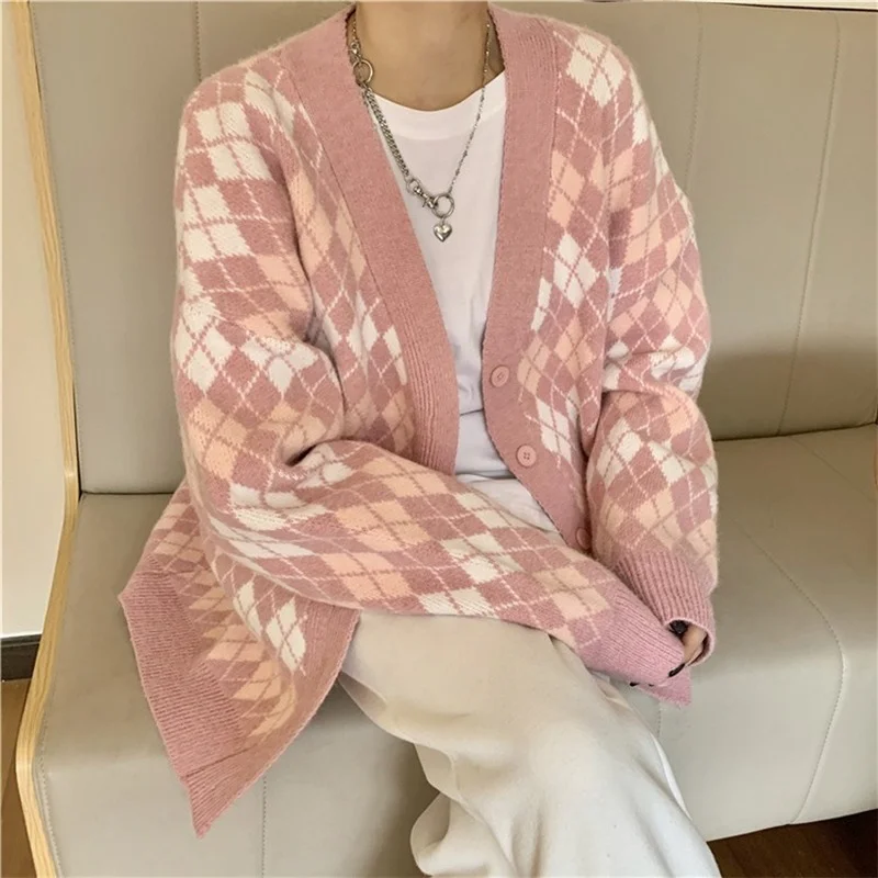 

Women Korean Long Sleeve Sweet Cardigans Y2k Pink Knitted Argyle Sweater Fashion Sweaters Female Buttons Cropped Cardigan Jacket