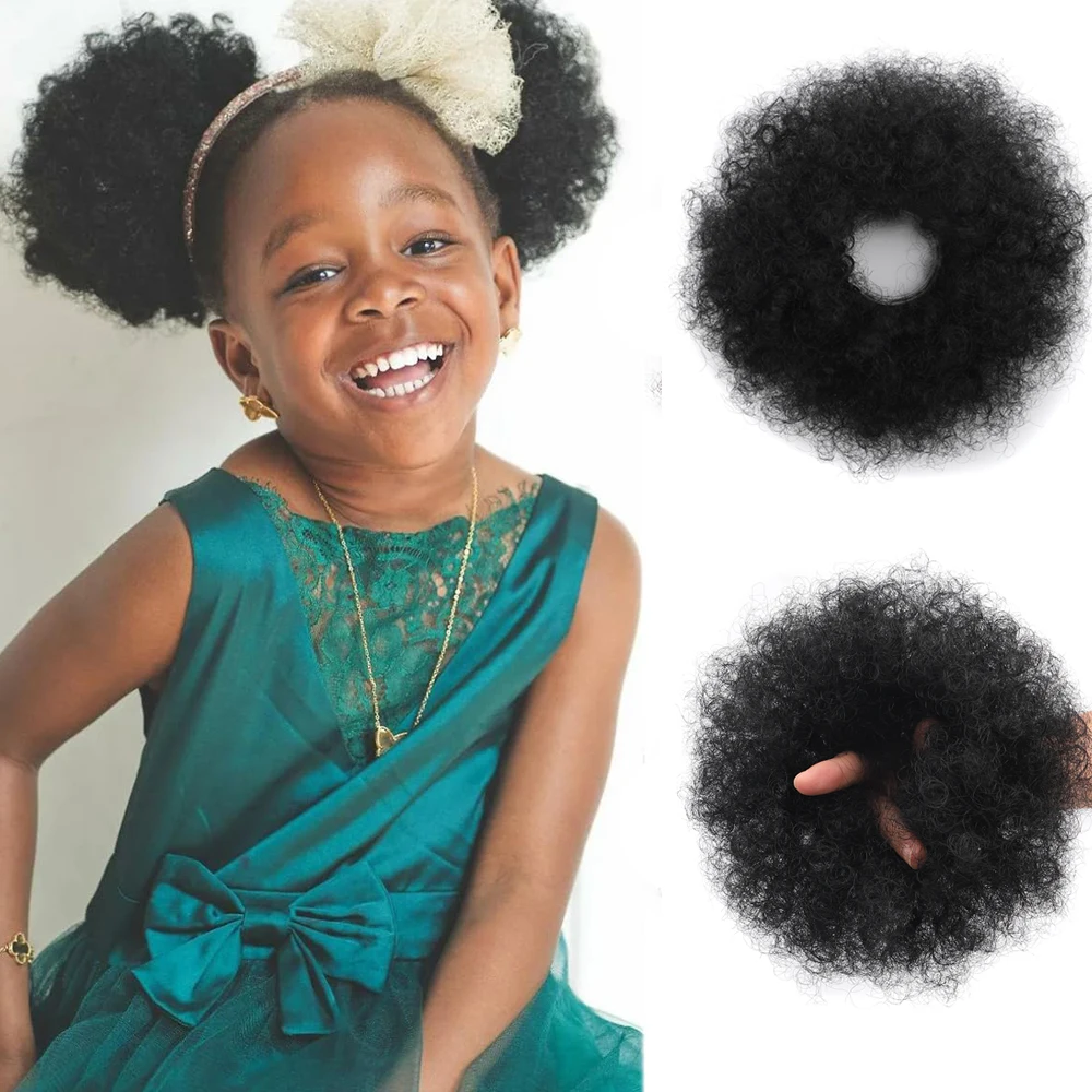 Synthetic Afro Puff Ponytail Hairpiece for Girls Kids Women Small Elastic Hair Bun Kinky Curly Hair Extensions Donut Chignon