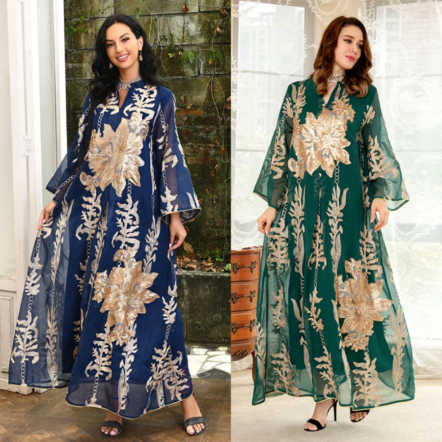 

2024 Eid New Siskakia Sequins Embroidered Abaya Dress For Women Moroccan Kaftan Turkey Arabic Jalabiya White Islamic Ethnic Robe