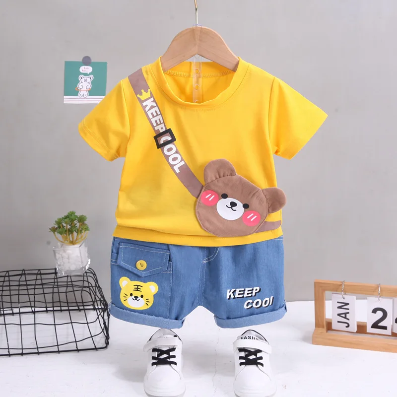 Toddler summer cotton bear T-shirt and shorts set for boys and girls, lightweight kids casual outfit, 2-piece children’s sportswear costume. yellow