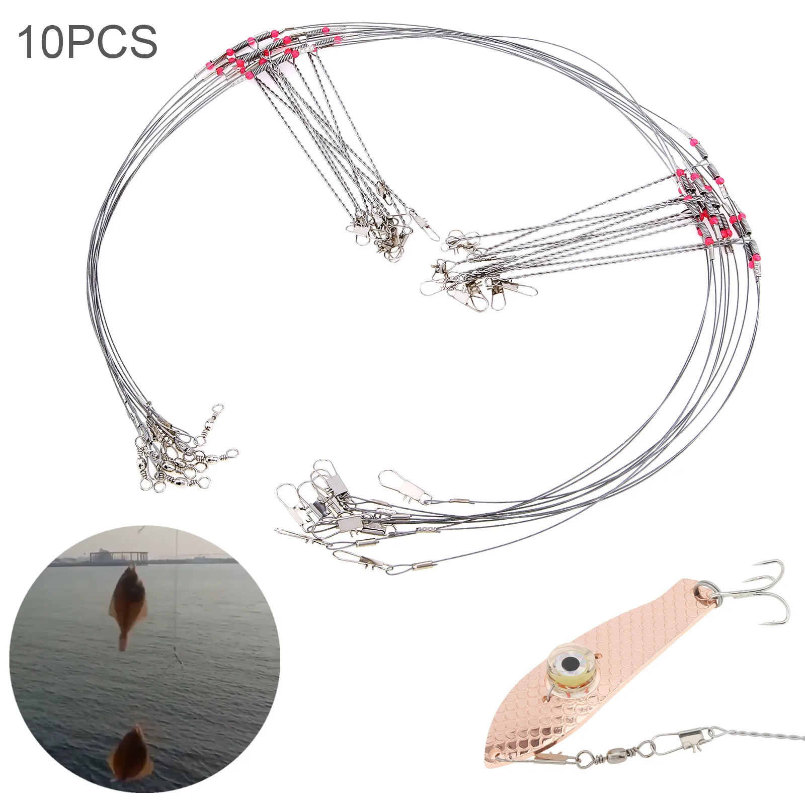 10Pcs Sea Fishing Stainless Steel 2 / 3 / 4 Arms Fishing Line Rig with Lure  Swivel Snaps Saltwater Wire Bottom Tackle Rigs