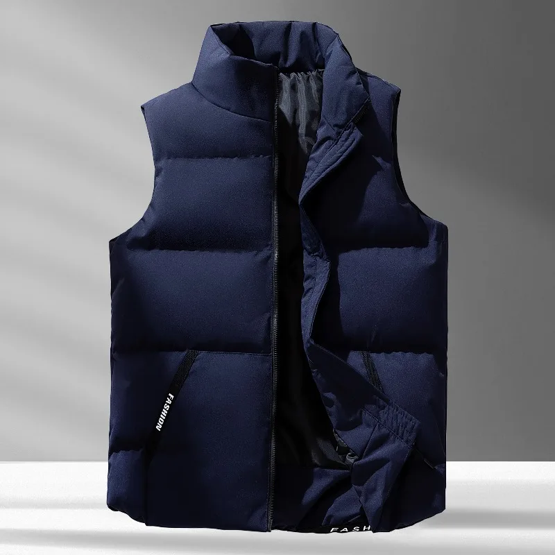 Windproof Fashion Simple Design Loose Version Fabric Down Vest Men Large Warm Down Cotton Vest Vertical Collar