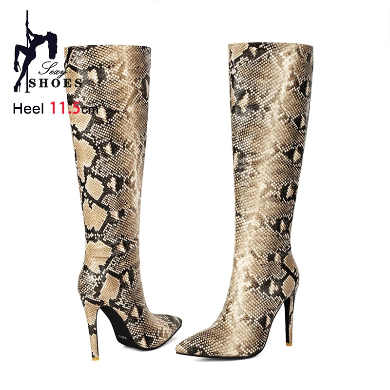 Big Size 35-47 Pointy Toe Stiletto Boots 11.5CM Thin Heel Fashion Snakeskin Pattern Knee-high Boots Winter Party Shoes For Women