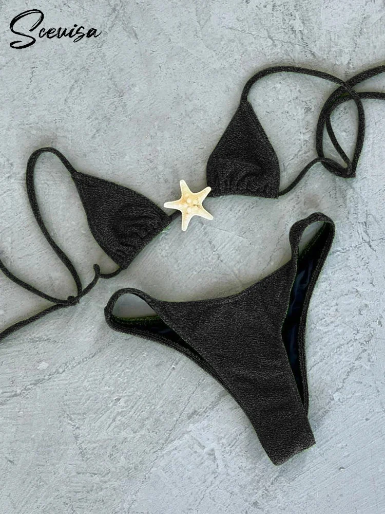 2024 New Sexy Low Waisted Bikini Set Swimsuit Starfish Swimwear Women Solid Strappy Beachwear Bathing Suits Brazilian biquini 5