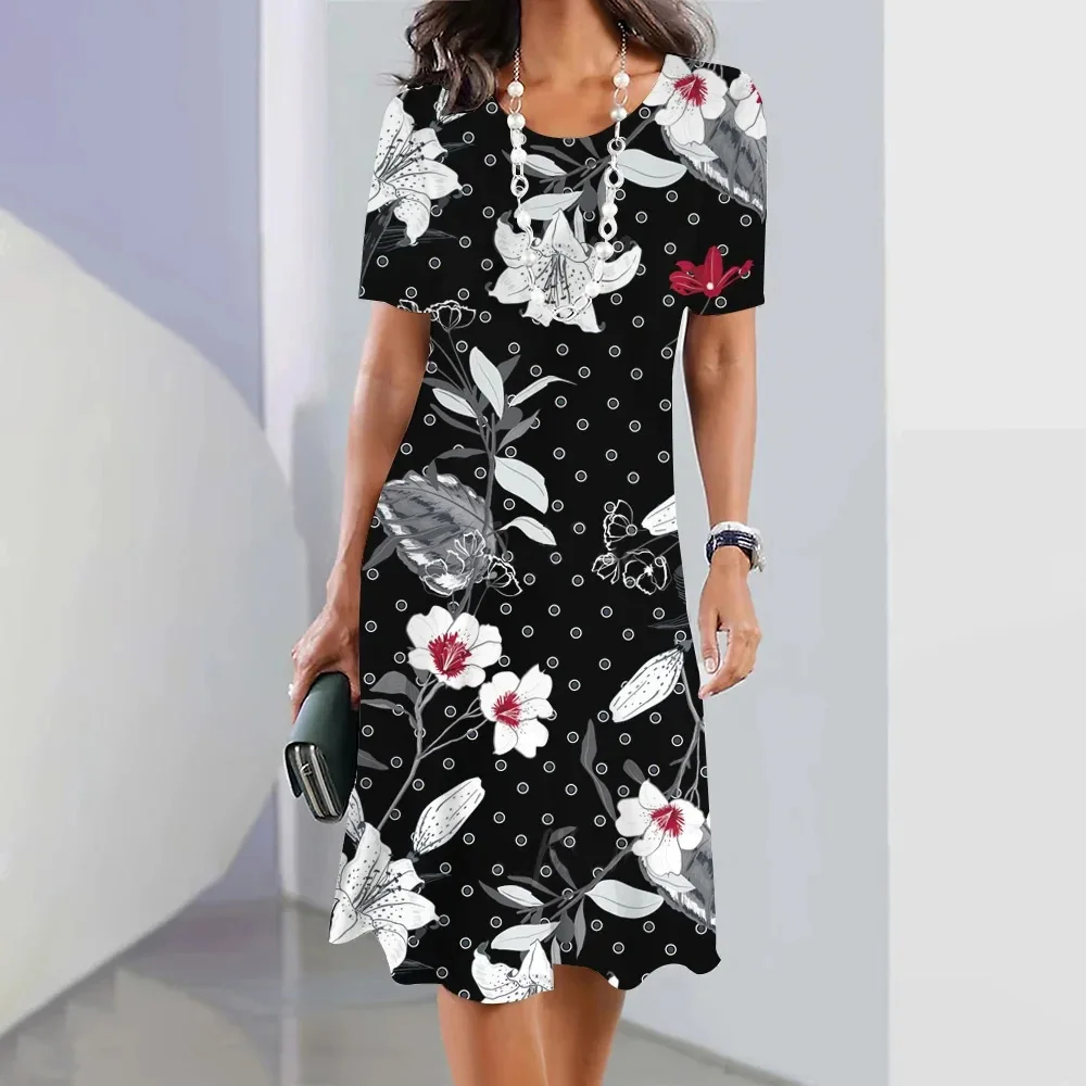 

Женское платье свободного покроя с круглым вырезом, юбка-трапеция в стиле ретро с цветами, летнее платье с коротким рукавом, модное платье, женская одежда