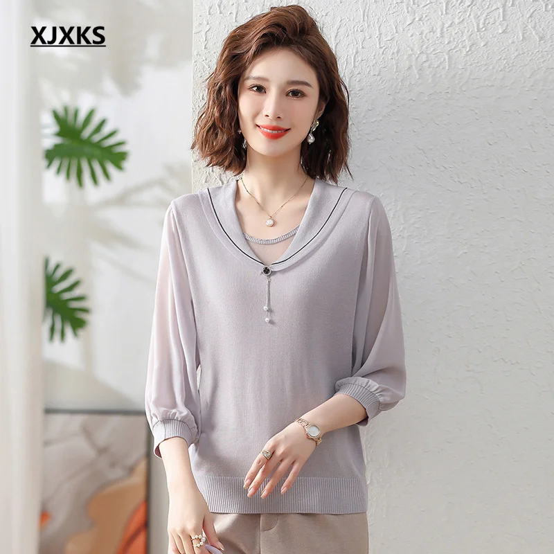 

XJXKS Exquisite Splicing Lapel Women's Thin Sweater Top 2023 Autumn New Seven-minute Sleeve Ladies Knitted Pullover