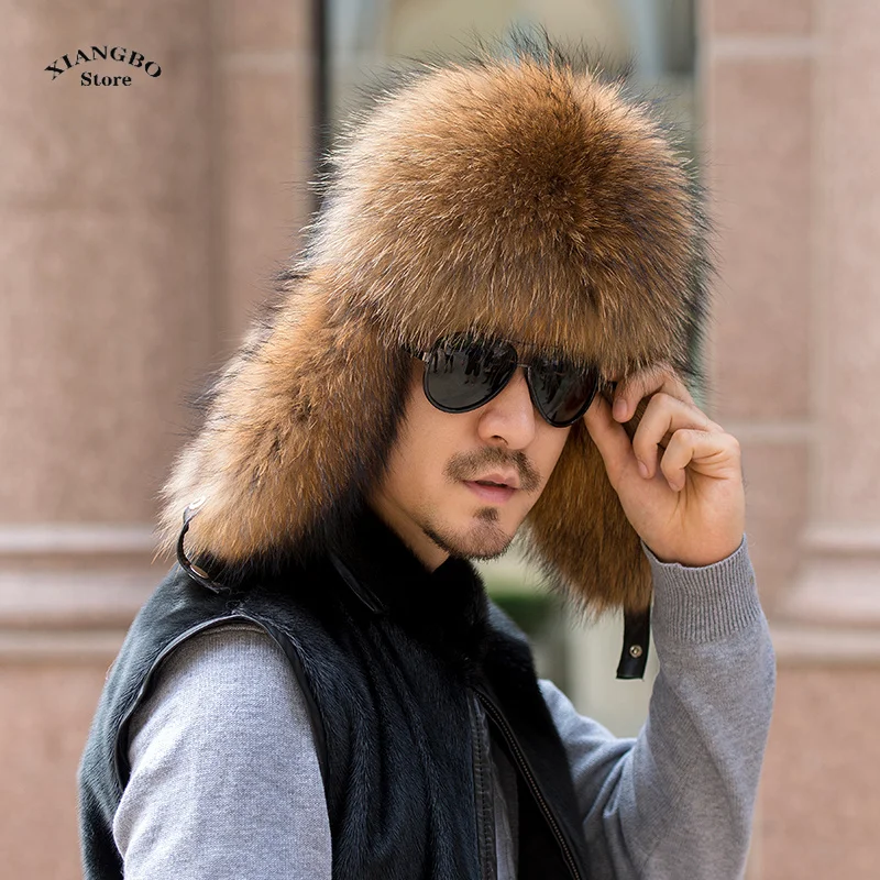 Chapeau Ushanka (bombardier) En Fourrure De Raton Laveur - Unisexe Taille Ajustable - Noir