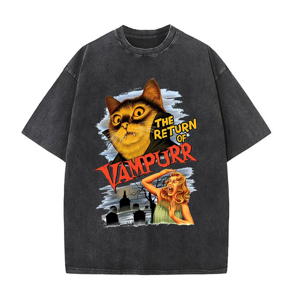 

The Return of Vampurr Cat T-shirt Men Women 90s Vintage Washed Distressed Cotton T-shirts Harajuku Horror Gothic T Shirt Tops