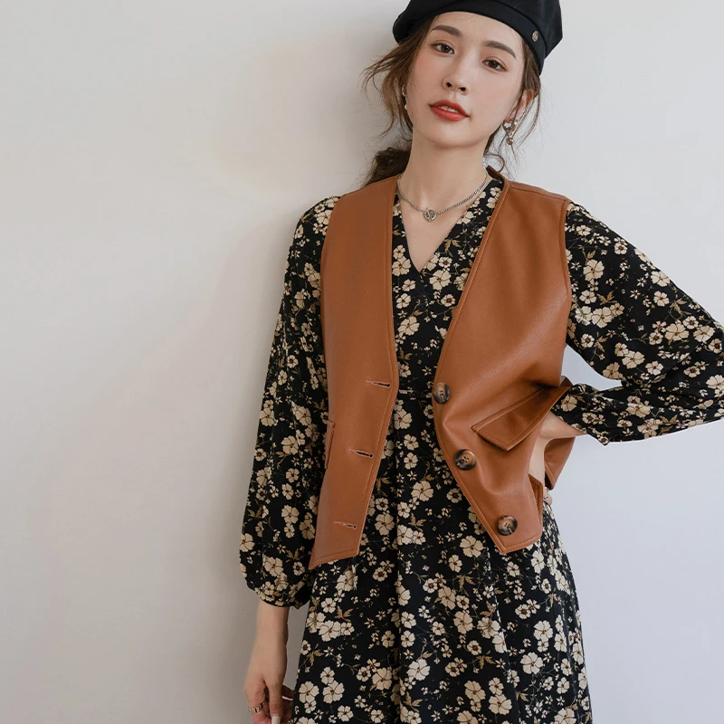 

Жилет женский из натуральной кожи, с V-образным вырезом, без рукавов