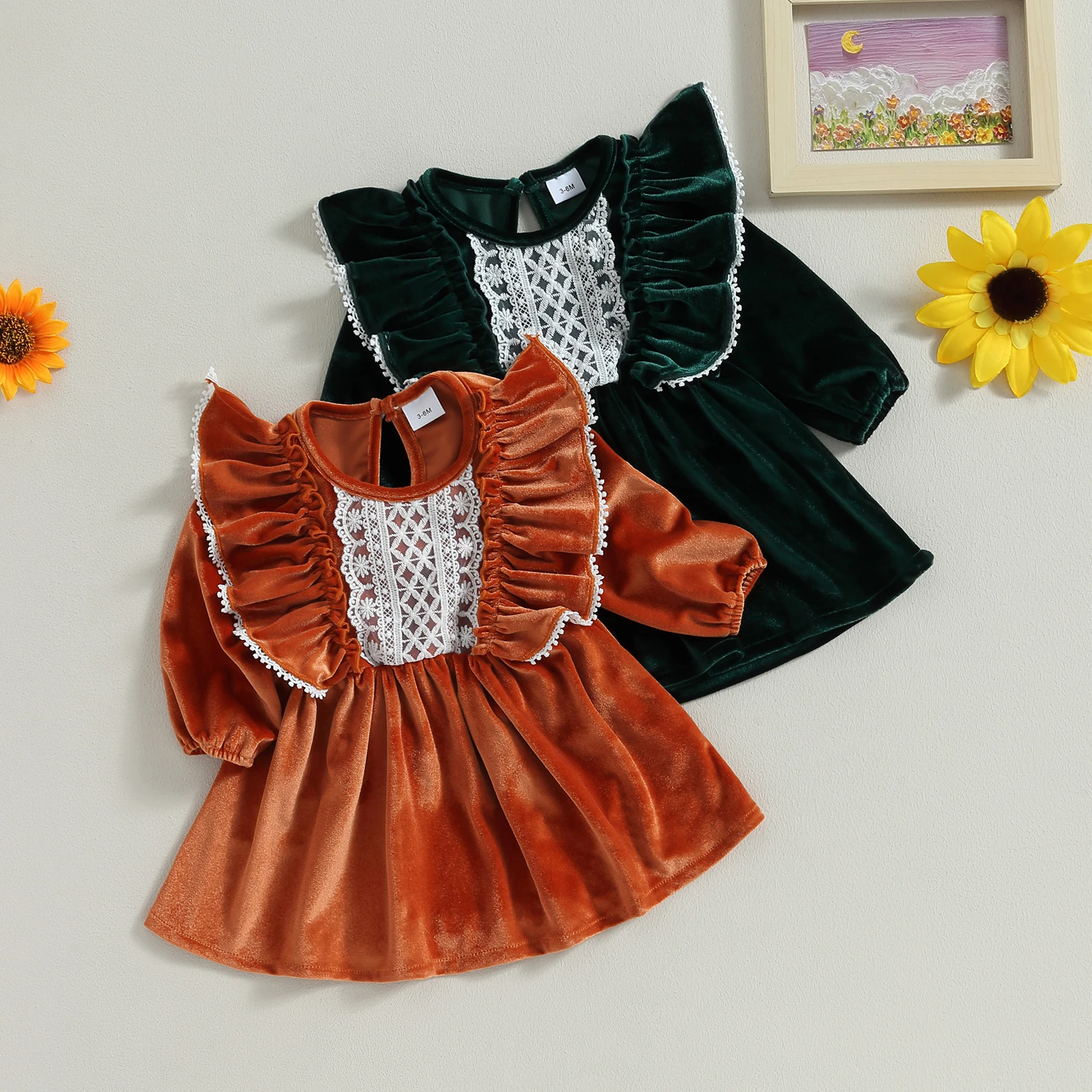 

Mildsown Baby Girls Dress Long Sleeve Ruffle Lace Trim Crew Neck Patchwork Corduroy Dress A-line Princess Dress for Daily Party