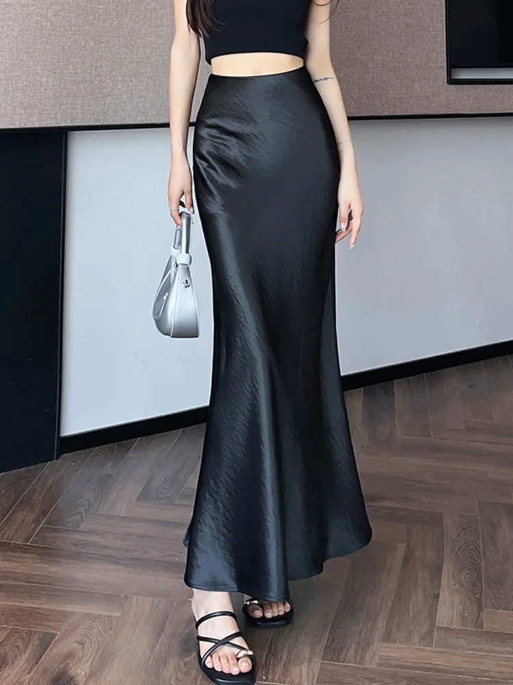 Zoki Chic Satin Elegant Long Skirt Women Casual Fashion High Waist Sweet Trumpet Skirts Slim Summer Female Korean Long Skirts 2
