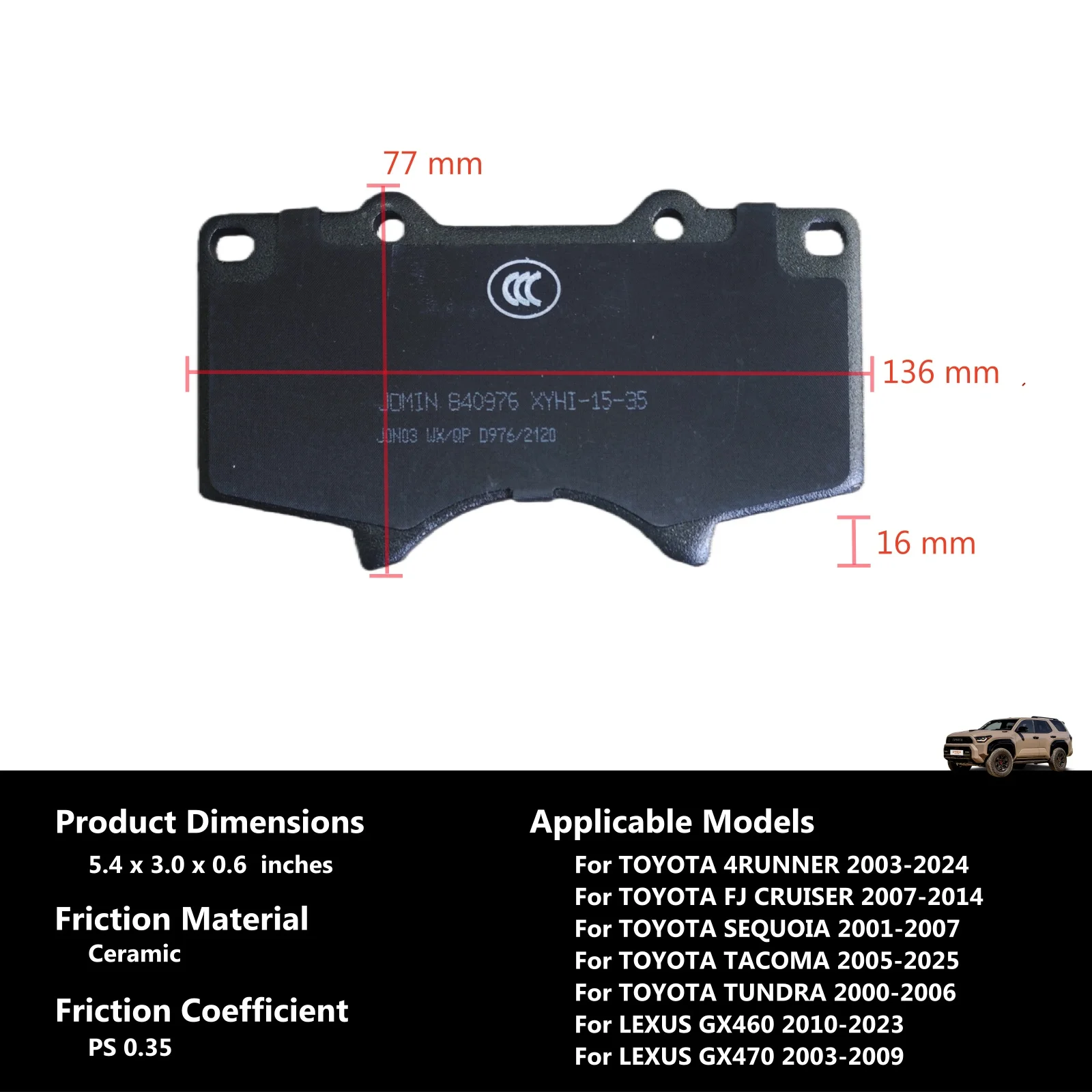 TOYOTA 4Runner FJ Cruser Sequoia Tacoma Tundra용 전면 세라믹 브레이크 패드 세트 LEXUS GX460 GX470 OE 0446502630, 0446504070