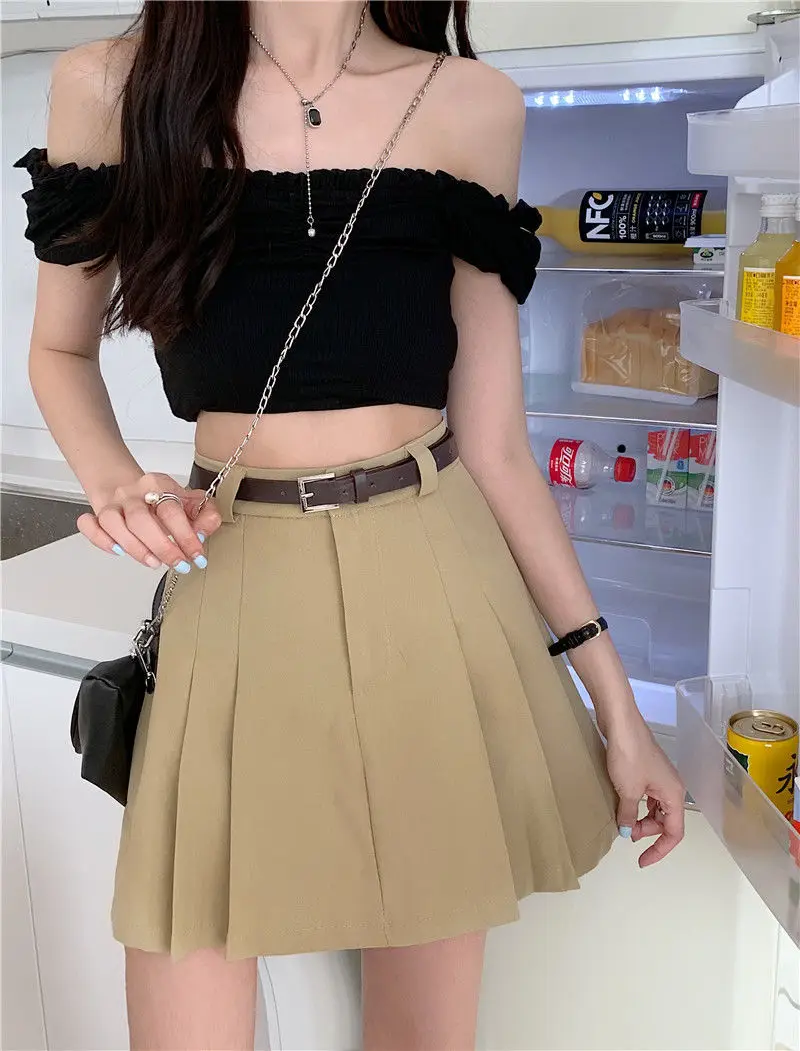 

Khaki Women's Skirt With Belt Korea Summer High-waisted High Street Black Skirts Elegant A Line Y2K Pleated Solid Skirt Faldas