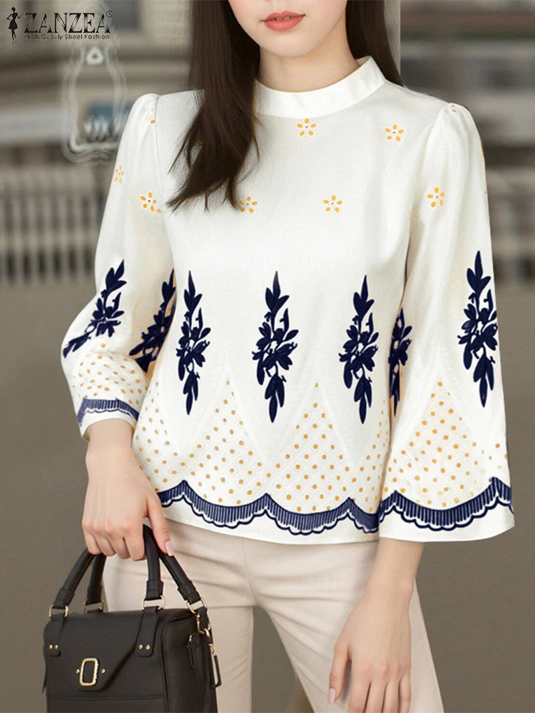 Women Summer Elegant Print Blouse Puff Sleeve Casual Tops