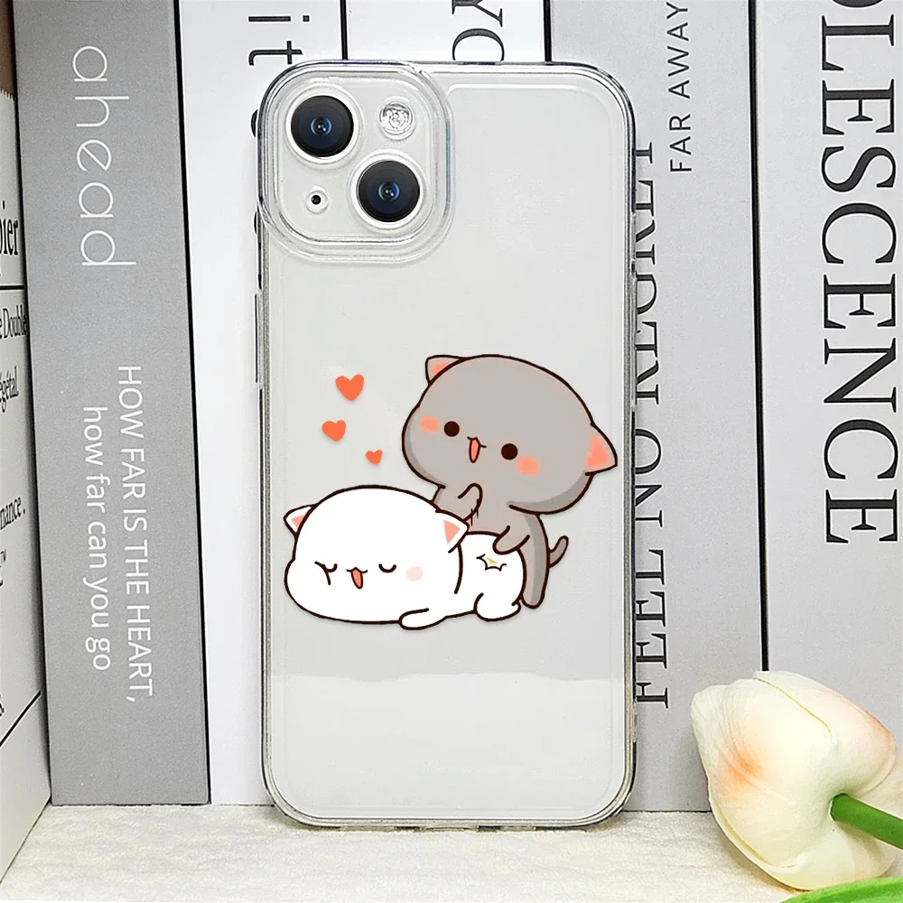 Cartoon Peach Mochi Cat Couple Transparent Soft Phone Case