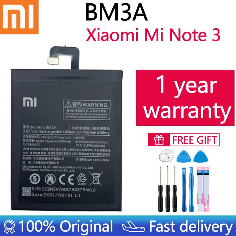 

Xiao Mi Original Phone Battery BM3A For Xiaomi Note 3 Replacement Battery 3300mAh High Capacity Phone Batteries+Tools