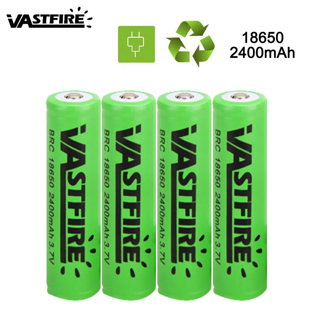 

VastFire 4pcs Rechargeable 18650 Battery Green Label 2400mAh 3.7v high power Diving Flashlight accessories Battery 65mm x 18mm